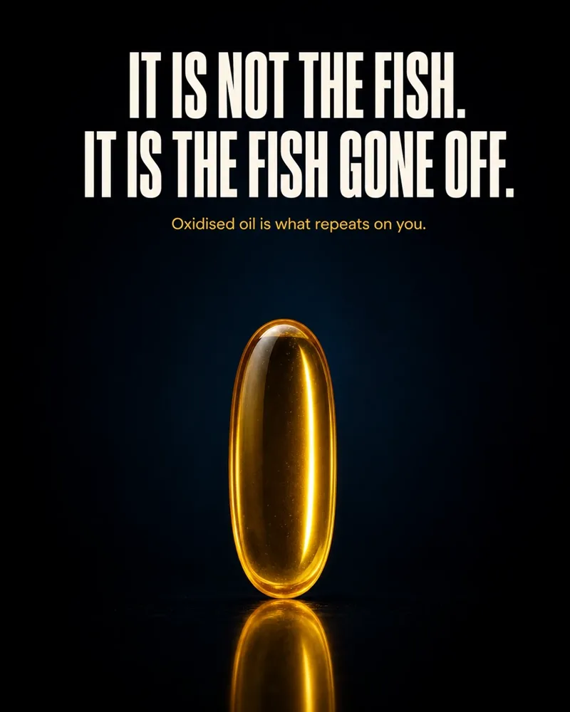 Dark ad. Headline: it is not the fish, it is the fish gone off. Below it a gold capsule and the line: oxidised oil is what repeats on you.