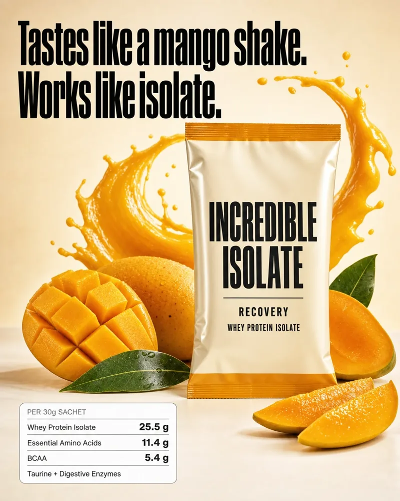 Cream ad. Headline: tastes like a mango shake, works like isolate. A sachet in a mango splash above a panel of protein, amino acids and BCAA per 30 g.