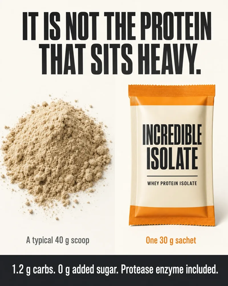 Split ad. Headline: it is not the protein that sits heavy. A loose 40 g scoop of powder on the left, a 30 g sachet on the right.