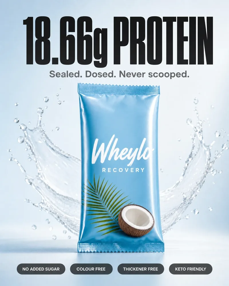 Pale blue ad. Headline 18.66 g protein with the line sealed, dosed, never scooped. A coconut sachet in a splash of water.