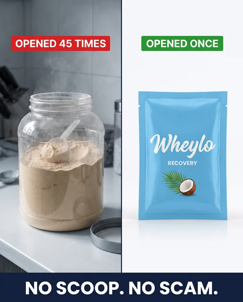 Split ad. A half-empty tub with a scoop labelled opened 45 times, beside a sealed sachet labelled opened once.
