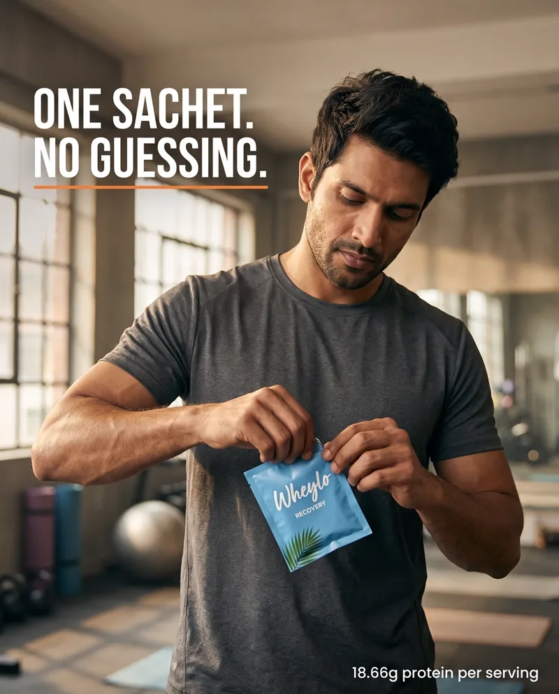 A man in a gym tears open a blue sachet. Headline: one sachet, no guessing.