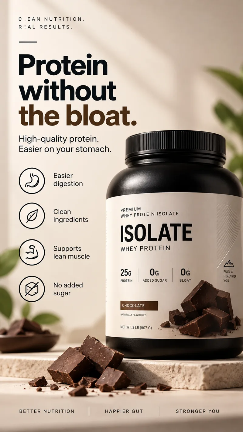 Cream ad. Headline: protein without the bloat. A black tub of chocolate whey isolate beside chocolate chunks, with four icons for easier digestion, clean ingredients, lean muscle and no added sugar.