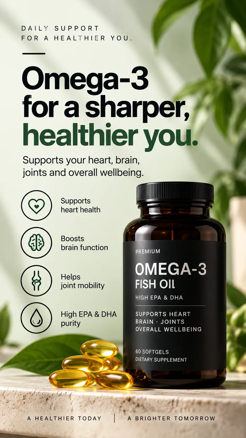 Green ad. Headline: omega-3 for a sharper, healthier you. An amber fish oil bottle with softgels, and icons for heart, brain, joints and EPA/DHA purity.