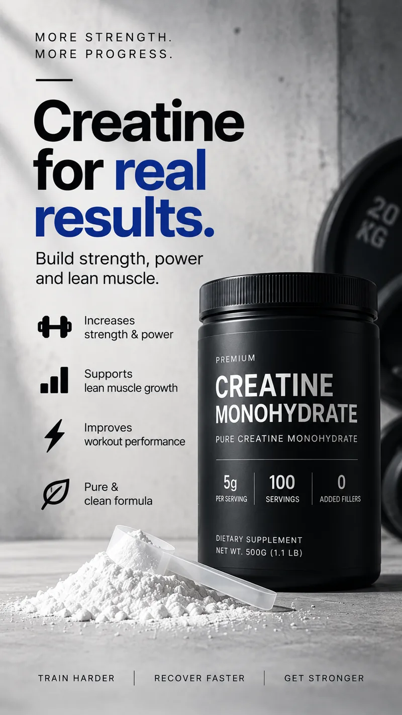 Grey gym ad. Headline: creatine for real results. A black tub of creatine monohydrate with a scoop of powder, chips reading 5 g per serving, 100 servings, 0 added fillers.