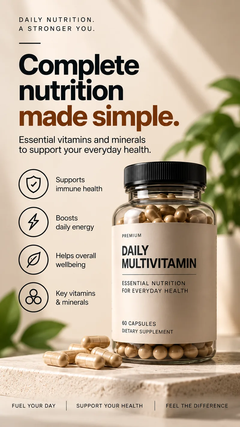 Cream ad. Headline: complete nutrition made simple. A glass bottle of daily multivitamin capsules with icons for immune health, energy, wellbeing and key vitamins.
