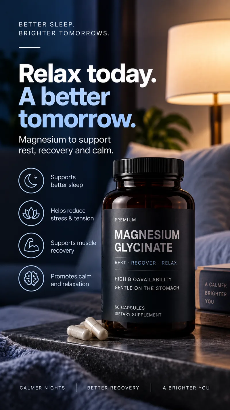 Dark blue bedside ad. Headline: relax today, a better tomorrow. A bottle of magnesium glycinate with capsules, icons for sleep, stress, muscle recovery and calm.