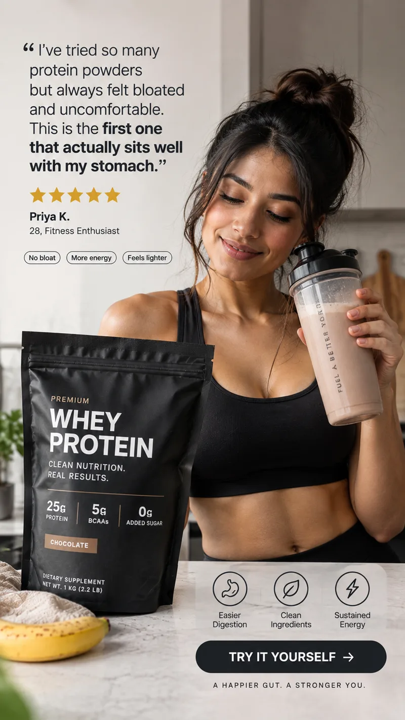 A woman in a kitchen holding a shaker beside a pouch of chocolate whey protein, with an illustrative five-star review about protein that does not cause bloating.
