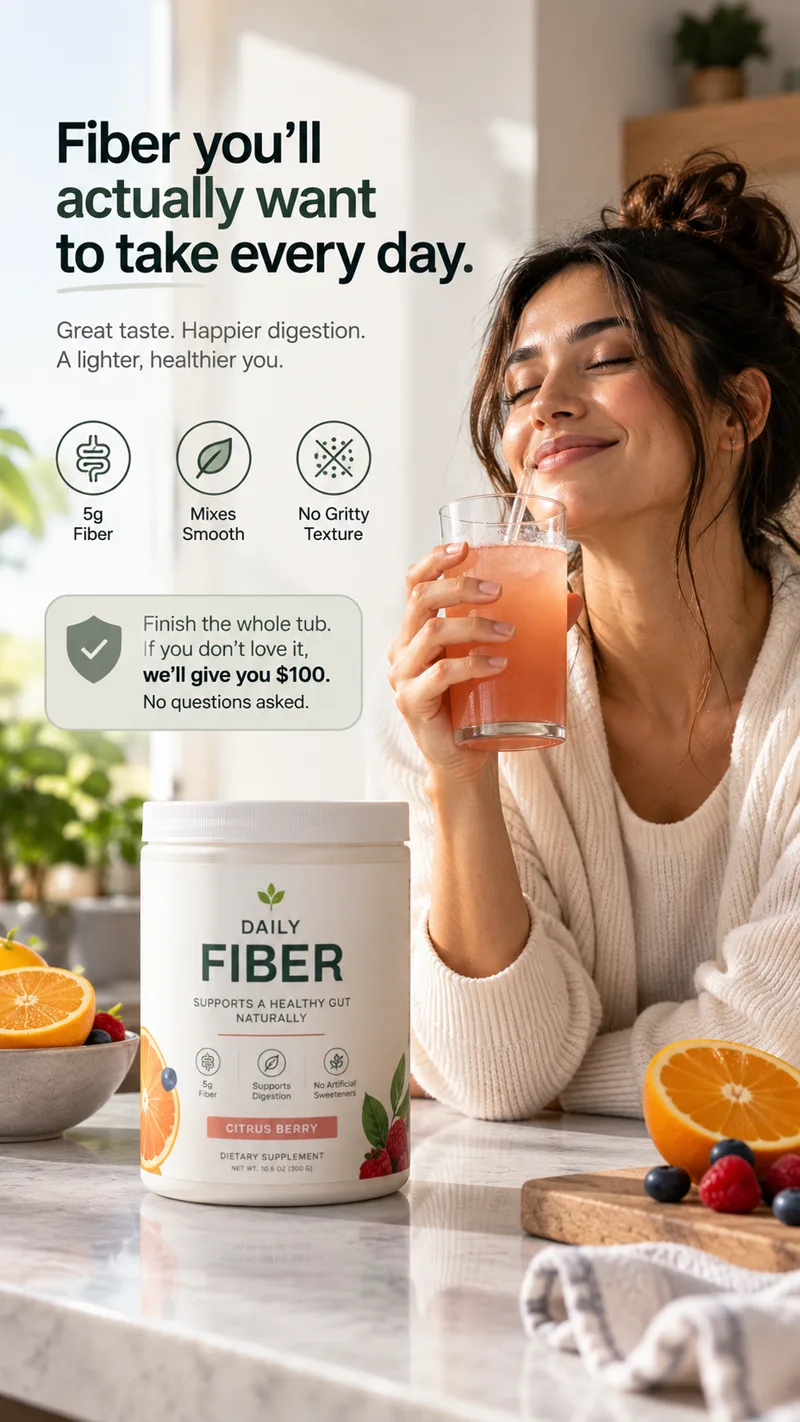 Bright kitchen ad. Headline: fiber you will actually want to take every day. A woman drinking a citrus berry fiber mix beside the tub, with icons for 5 g fiber, mixes smooth and no gritty texture.