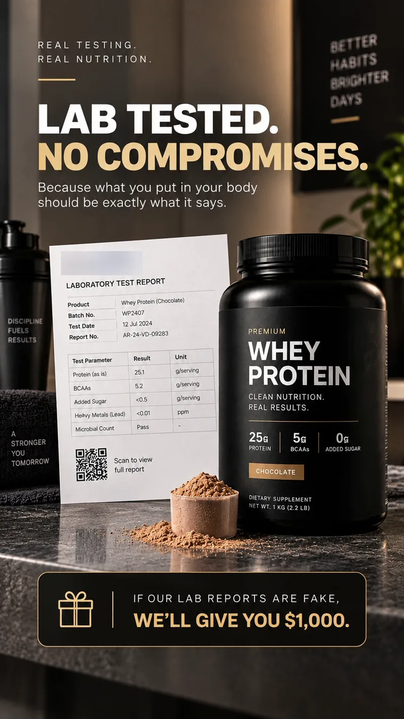 Dark gym ad. Headline: lab tested, no compromises. A laboratory test report with the lab name obscured sits beside a tub of chocolate whey protein, above a line offering money if the reports are fake.